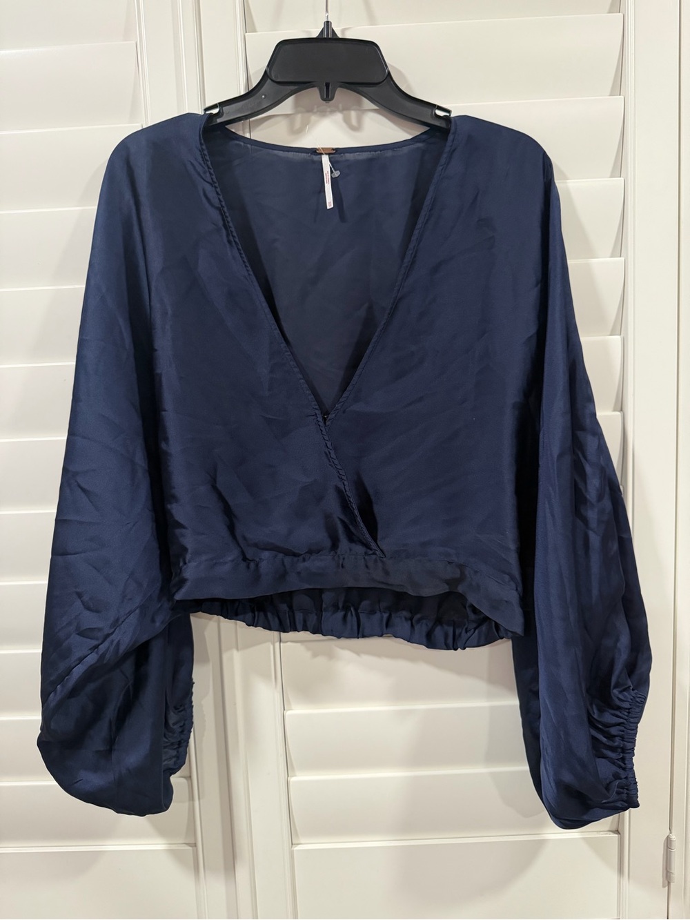 Free People Deep Navy Satin V-Neck Balloon Sleeve Crop Top